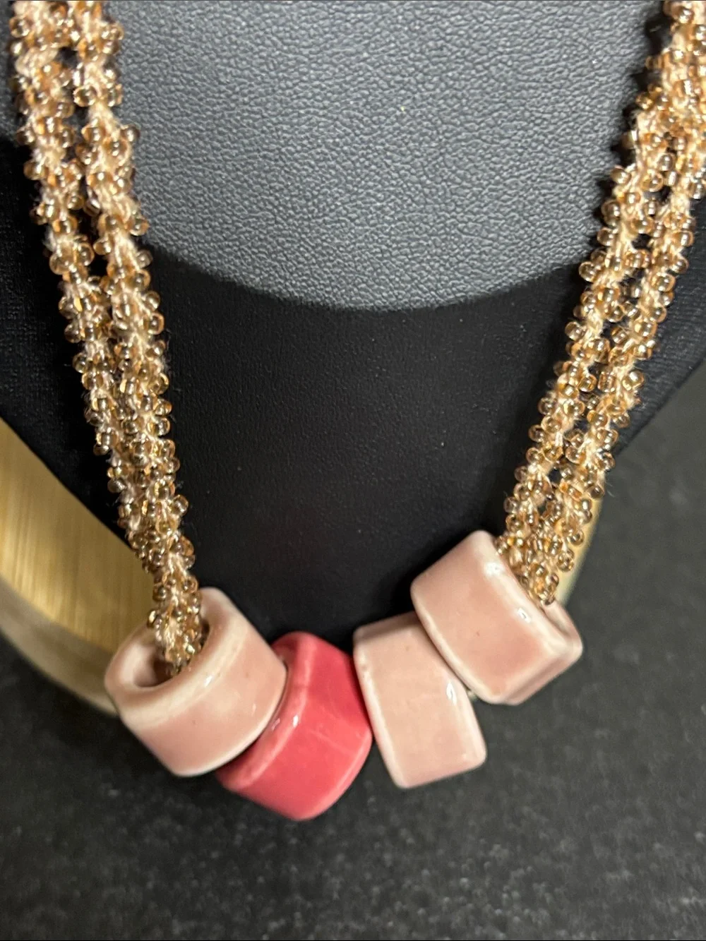 Rose Gold Boho Unique Beaded Long Necklace Pink Ceramic Accents